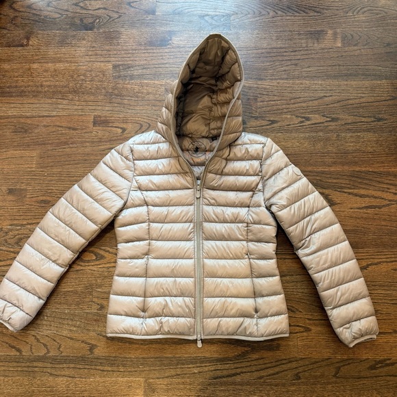 SAVE THE DUCK Jackets & Blazers - SAVE THE DUCK Alexis Shore Beige Hooded Puffer Jacket Sz 2/M 100% animal free